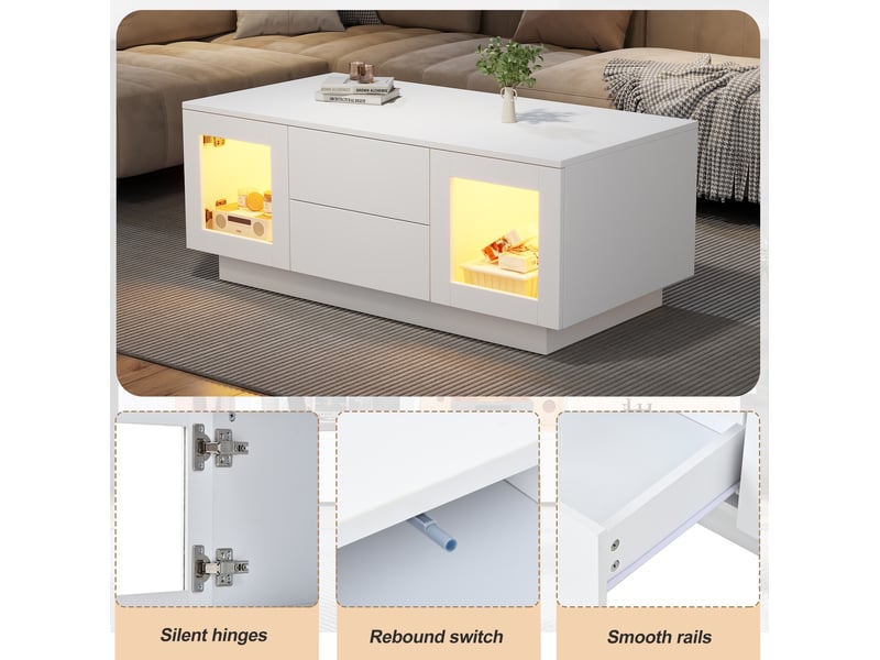  Table basse 100 x 50 x 40 cm – blanc brillant – led rgb contrôlée par application et rangements intégrés  - Conforama E