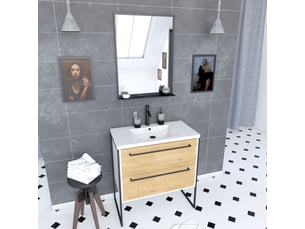 Pack meuble de salle de bain 80x50cm blanc - 2 tiroirs blanc - vasque blanche + miroir noir mat