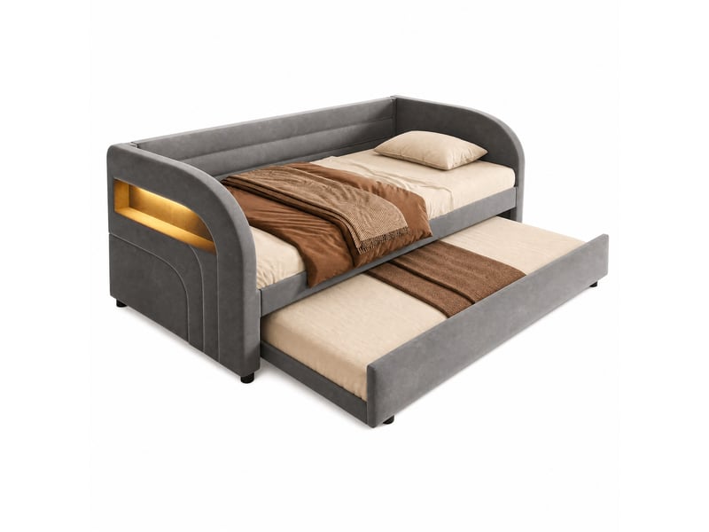  Lit jeune gigogne, 90x200 cm, avec led multicolore, couchage d'appoint, tissue, tissu et flanelle et mdf, coloris gris  - Conforama A