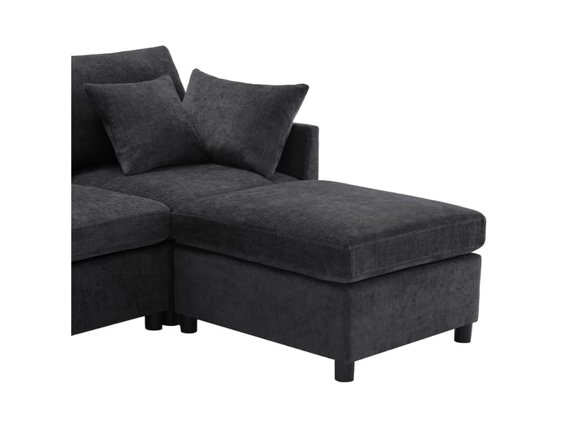  Canapé d’angle modulable en ul en chenille, avec 2 poufs et 6 coussins, design moderne  - Conforama D