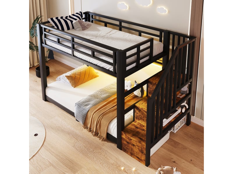 Lit superposé 90 x 200 cm, bandes led, 3 compartiments de rangement, escalier avec rangement, garde-corps, structure en métal, noir Seren Glow - Conforama E