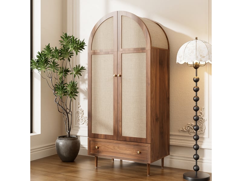  Armoire dressing 79x50x175 cm avec portes en tissu, tiroir et penderie, rangement chambre design arrondi en mdf noyer - bois  - Conforama C