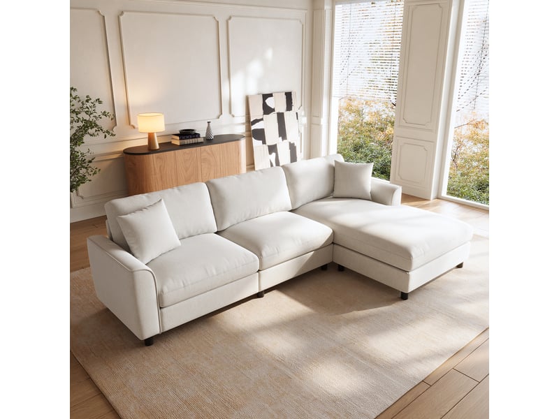  Canapé d'angle réversible 3 places avec méridienne large et ressorts ensachés, en chenille beige  - Conforama C