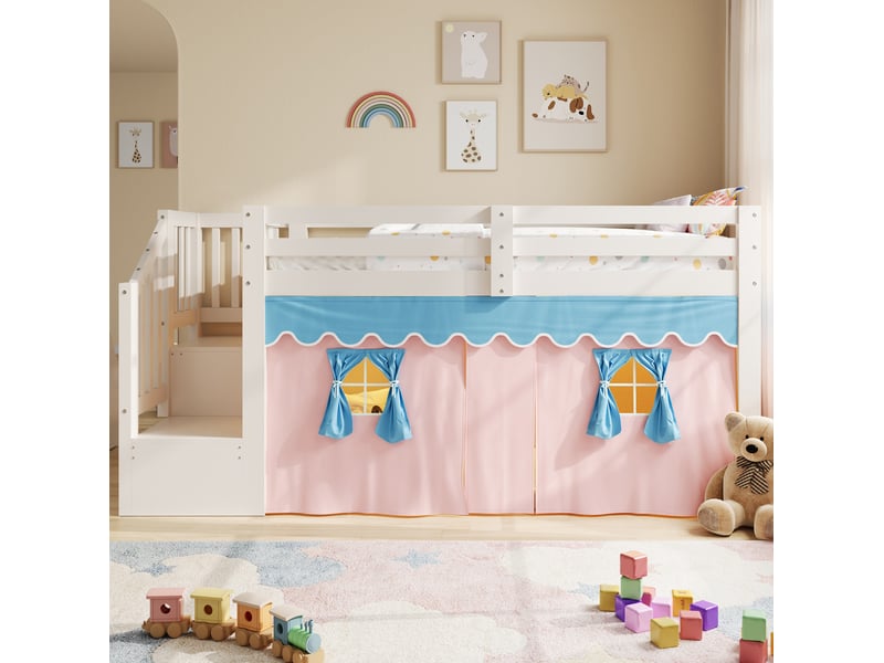 Lit enfant mi-haut 90 × 200 cm avec escalier-rangement, led réglable, rideaux occultants pour chambre, blanc  - Conforama E