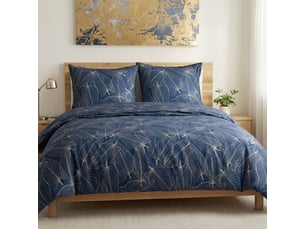 Parure housse de couette 260x240cm + 2 taies motif feuilles bleu et beige 100% coton - melda