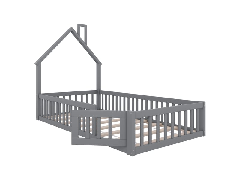  Lit cabane enfant, 90 × 200 cm, gris, pin et mdf, structure cabane, forme cheminée, sommier à lattes, garde-corps, sans matelas  - Conforama A