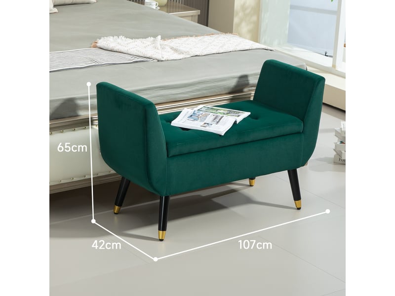  Banc coffre avec accoudoirs 107 x 42 x 65 cm vert en polyester, assise relevable avec rangement intérieur  - Conforama B