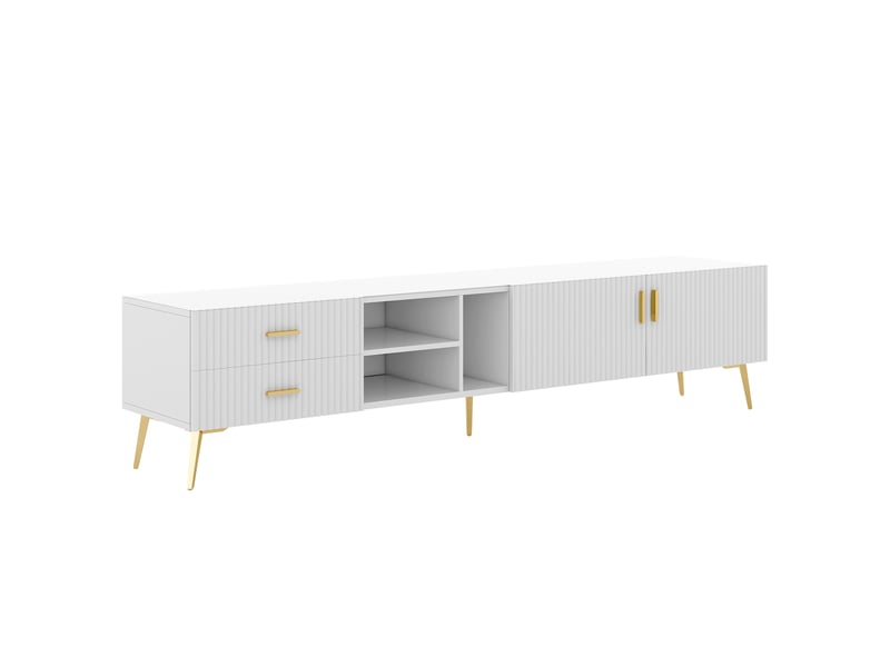  Meuble tv blanc 180 cm avec façade rainurée et rangements, meuble tv pour téléviseur jusqu'à 80 pouces, style moderne  - Conforama A