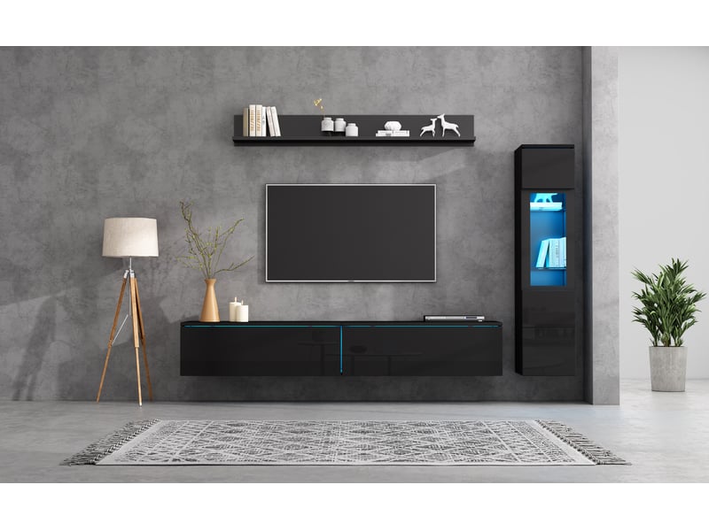  Ensemble meuble tv noir 3 pièces, façade brillante, led rgb, écran jusqu’à 80 pouces, noir  - Conforama C