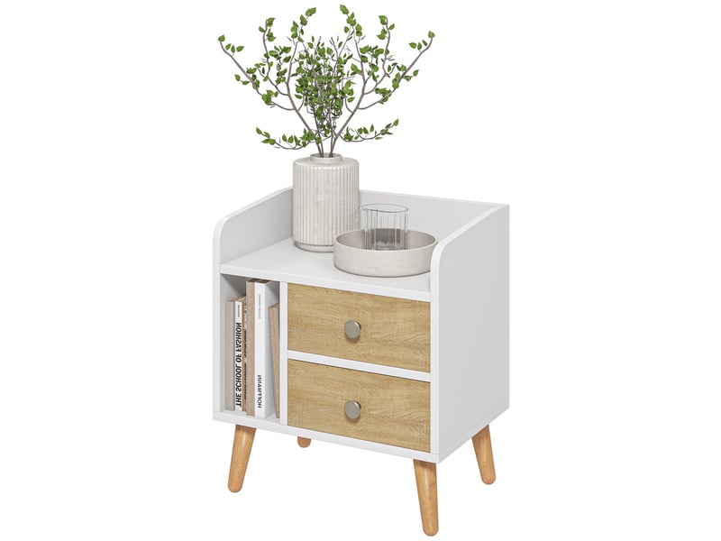  Table de chevet en pin avec 2 grands tiroirs, 1 étagère ouverte et pieds surélevés, design nordique, 43 x 30 x 49 cm  - Conforama B