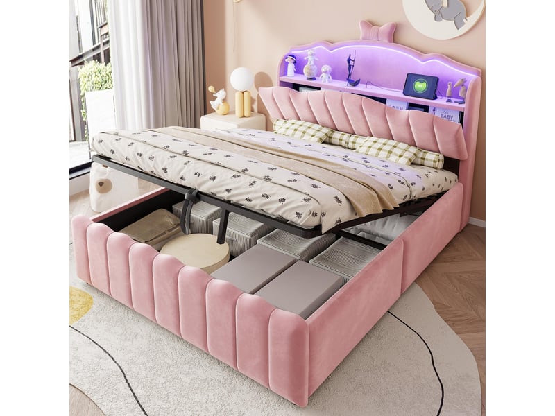  Lit coffre 140x200 cm - lit enfant 140x200 - lit double en velours avec led rgb, prises usbtype-c &amp; tête rabattable - rose  - Conforama C