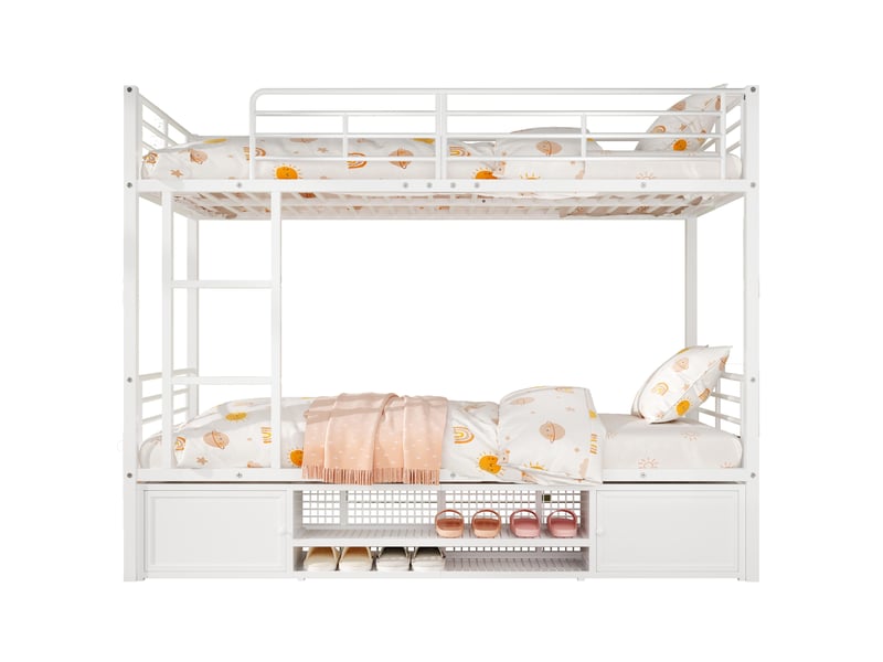  Lit superposé 90x200 cm, lit enfant avec rangement gain de place, métal robuste, échelle et meuble de rangement, étagère à chaussures, blanc  - Conforama A