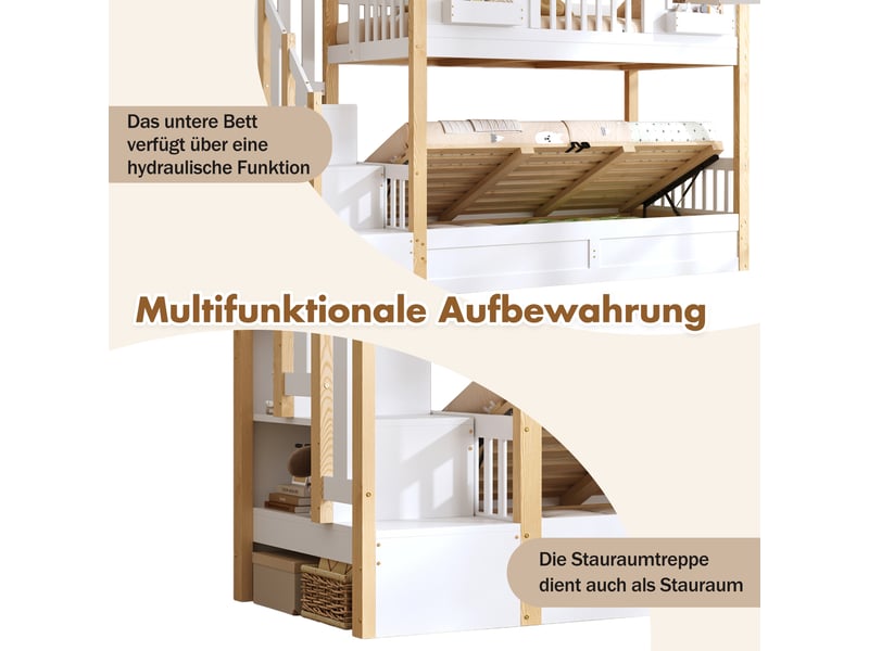  Lit superposé enfant,90x200 cm,avec led et escalier de rangement,blanc et naturel  - Conforama E