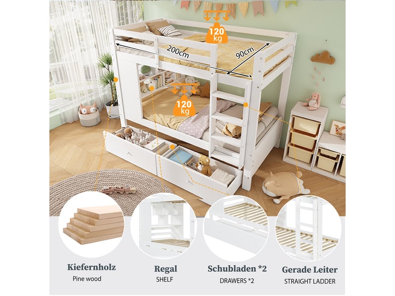 Lit superposé enfant 90x200cm blanc - bois avec 2 tiroirs, sommier et barrière - Conforama B