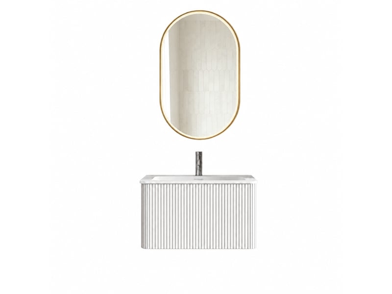  Ensemble meuble vasque suspendu 60 cm avec miroir ovale led 50 x 80 cm, blanc  - Conforama A