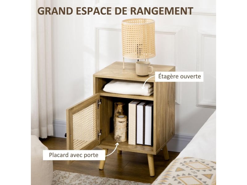  Table de chevet table de nuit avec placard porte cannage et niche design vintage 39 x 35 x 60 cm naturel  - Conforama E