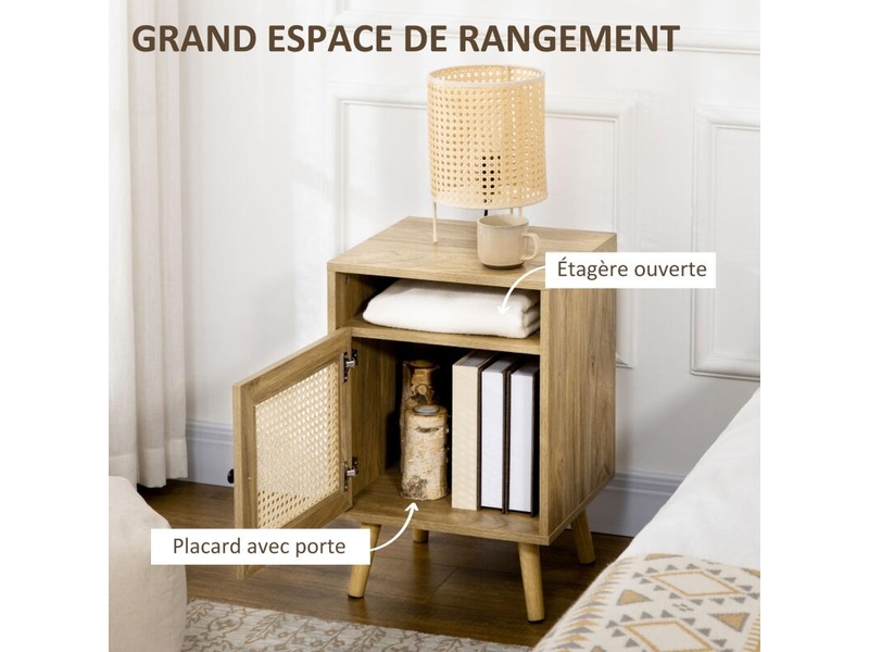  Table de chevet table de nuit avec placard porte cannage et niche design vintage 39 x 35 x 60 cm naturel  - Conforama E