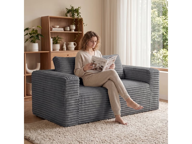 Canapé compact 2 places 160x88x58 cm, canapé de sol en mousse à assise profonde, pour appartement chambre bureau, velours côtelé, gris - Conforama E