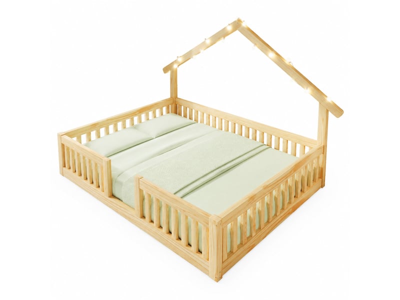  Lit cabane enfant,140x200 cm,avec barrières et led,mdf et pin,naturel  - Conforama A