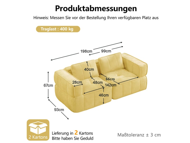 Canapé 2 places - 198x93x67cm - canapé droit modulaire sans cadre en mousse haute densité 32d avec coussins - jaune  - Conforama E