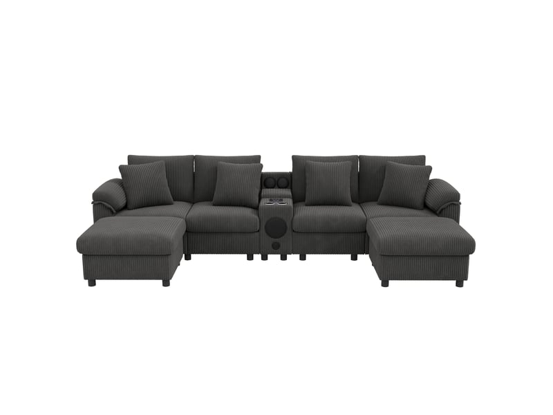  Canapé modulaire 6 places 315,5 x 144 cm – gris – console bluetooth, recharge sans fil et rangement  - Conforama A