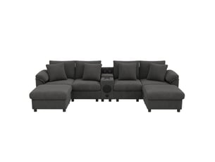 Canapé modulaire 6 places 315,5 x 144 cm – gris – console bluetooth, recharge sans fil et rangement