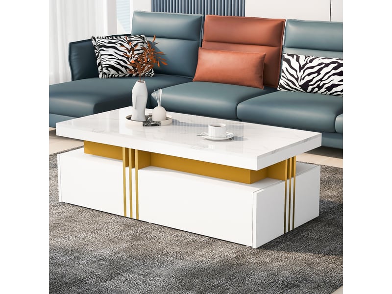 Table basse moderne rectangulaire blanc brillant avec 2 tiroirs, effet marbre, 100x50x40 cm - Conforama W