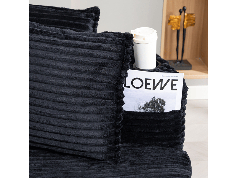 Canapé droit fixe 3 places incurvé en velours côtelé noir avec porte-gobelets et poches latérales - Conforama D