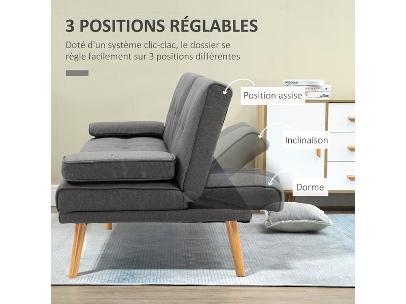 Canapé convertible 3 places, canapé-lit rembourré avec dossier réglable 3 niveaux, 2 coussins et 2 porte-gobelets intégrés, tissu de lin, pour salon, chambre d'amis, gris foncé, petit espace - Conforama E
