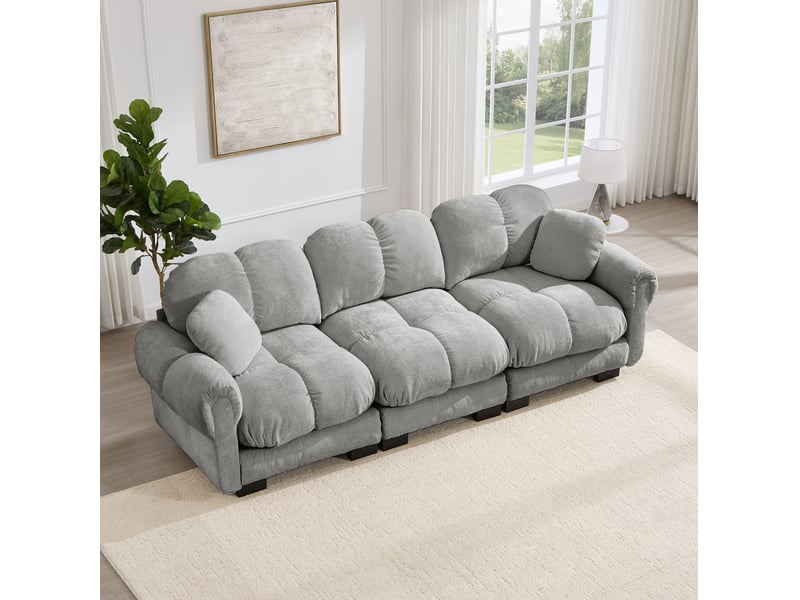 Canapé 3 places modenvie modulaire en chenille gris clair, 260 x 86 x 90 cm, avec 2 coussins décoratifs  - Conforama E