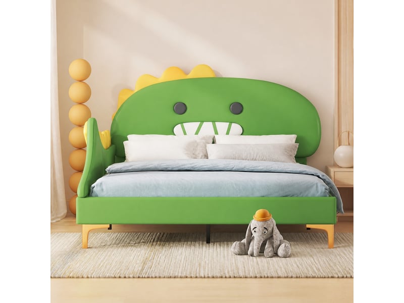  Lit enfant 140 x 200 cm dinosaure vert en pu et mdf  - Conforama C