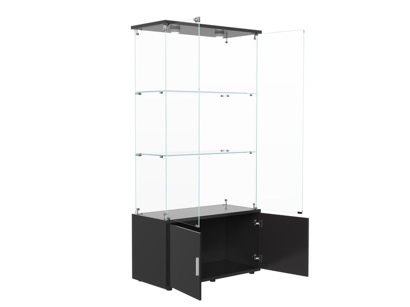  Vitrine en verre 3 niveaux avec meuble de rangement inférieur double porte - noir - 78,5 x 35 x 164 cm - armoire d'exposition avec éclairage led  - Conforama E