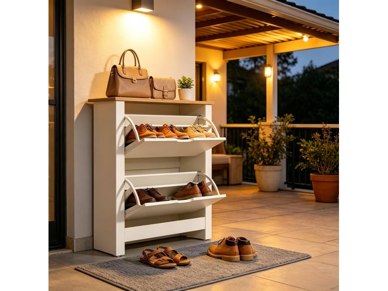 Meuble à chaussures avec 2 abattants, séparateurs réglables et plateau pour entrée, finition chêne et blanc, 72 × 26 × 80 cm - Conforama C