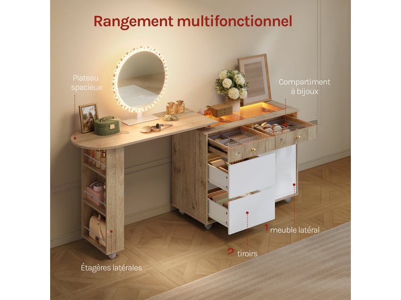  Coiffeuse avec miroir led,avec éclairage et casiers à bijoux,tiroirs,étagères,blanc+chêne brun clair  - Conforama C