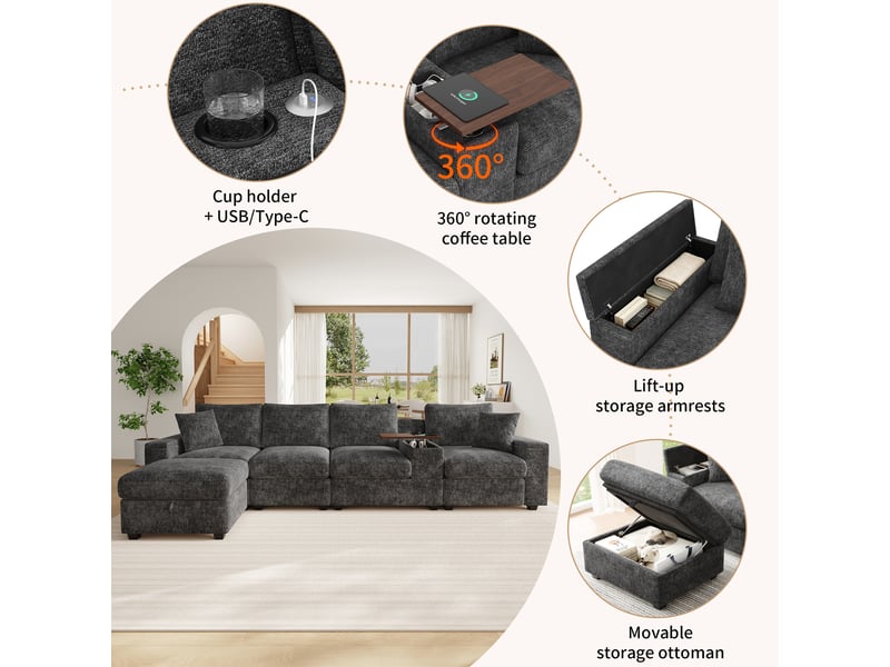 Canapé d'angle modulaire 5 places en chenille gris, avec pouf de rangement, ports usbtype-c, table pivotante 360° pour grand salon - Conforama E