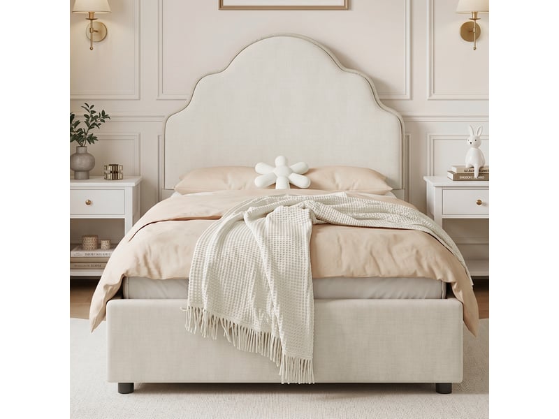  Lit enfant 90x200 cm en lin beige avec tête de lit rembourrée et sommier  - Conforama D