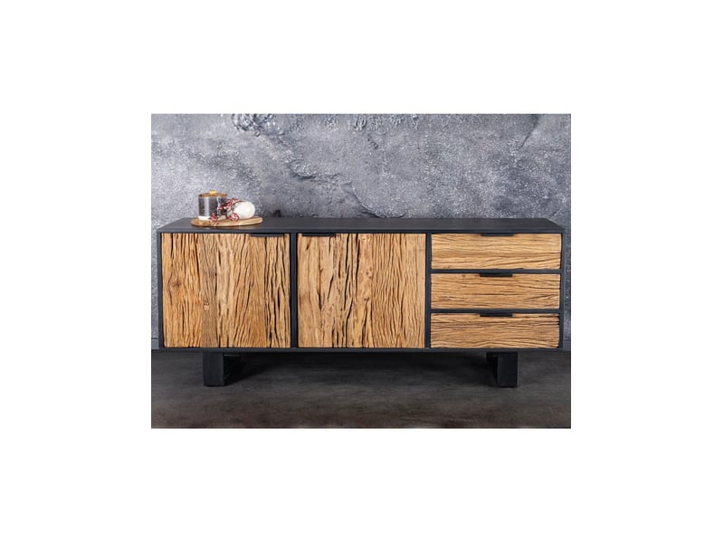  Buffet rafta 150 cm en bois massif de teck et manguier – 2 portes, 3 tiroirs et structure noire  - Conforama D