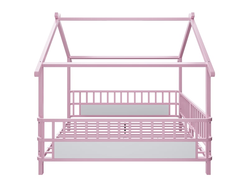  Lit enfant cabane avec garde-corps, métal rose, 140 x 200 cm, toit et cadre décoratif  - Conforama E