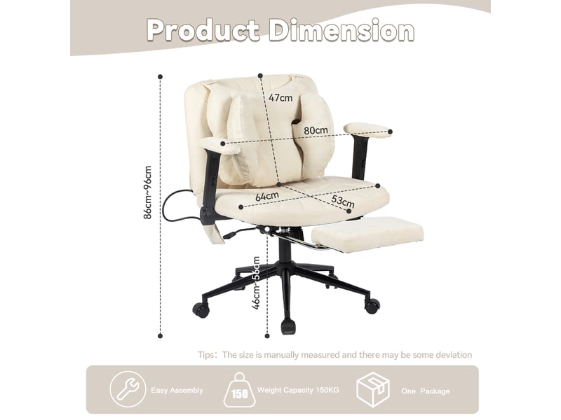 Chaise de bureau pivotante réglable avec repose-pieds - lpospi - soutien lombaire gonflable, tissu - beige  - Conforama D