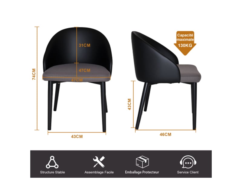  Chaise de salle à manger ergonomique – dossier noir cuir synthétique, assise gris mesh, pieds métal antidérapants – 2x  - Conforama C