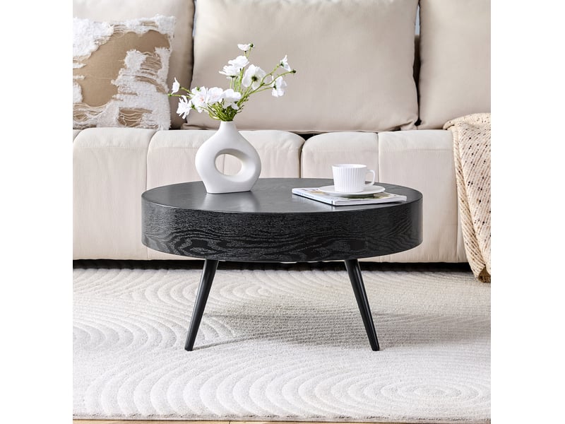  Table basse ronde 70 cm noire, mdf décor bois et pieds métalliques réglables  - Conforama E