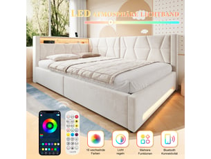Lit coffre 140 × 200 cm 2 places avec led, usb et type-c, rangement hydraulique, sans matelas, velours beige