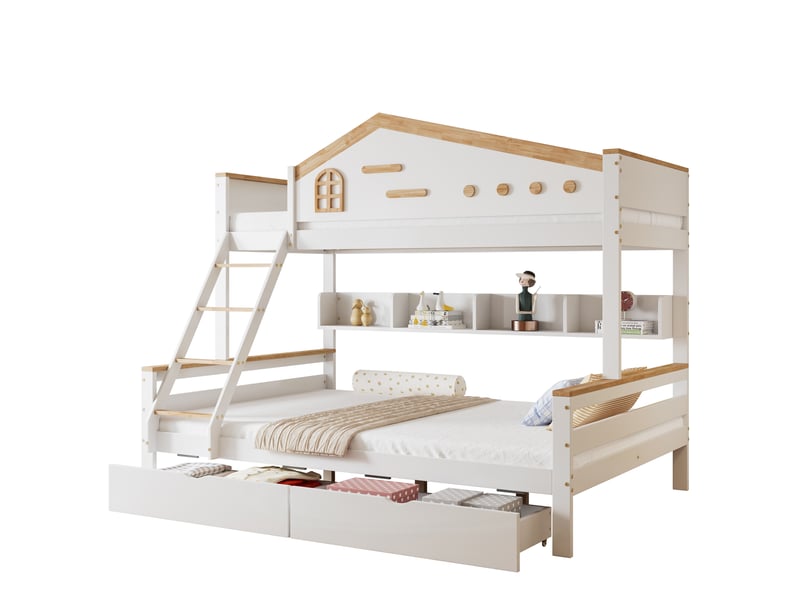 Lit superposé enfant 90x200 et 140x200 cm – blanc et naturel – 2 tiroirs de rangement – sans matelas - Conforama A