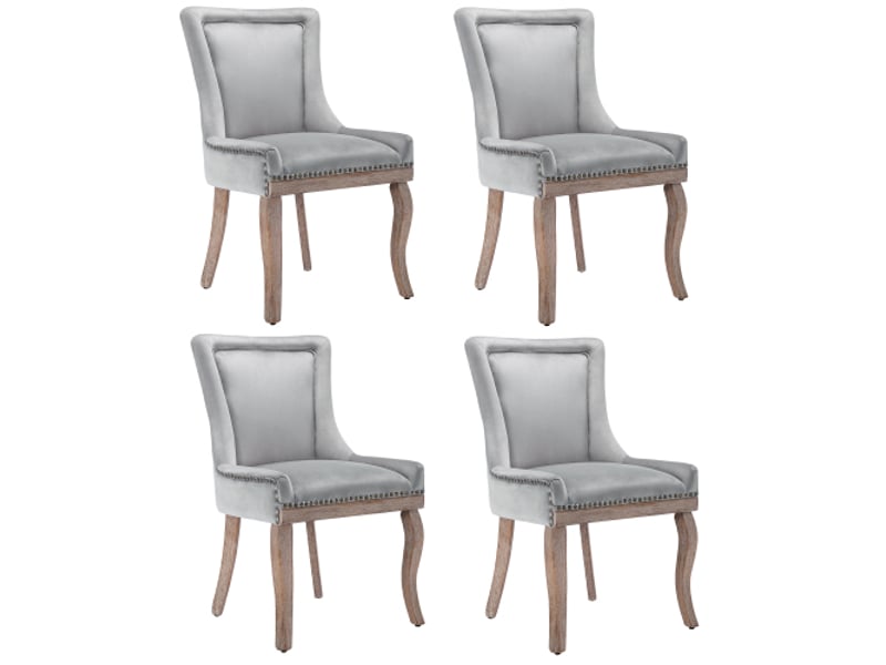 Lot de 4 chaises de salle à manger, chaises grises avec garniture cloutée, pieds en bois massif, revêtement en velours - Conforama A