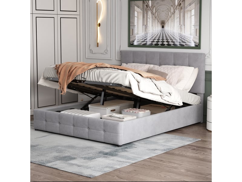  Lit coffre 140x200 cm velours gris, tête réglable et rangement | conforama  - Conforama B