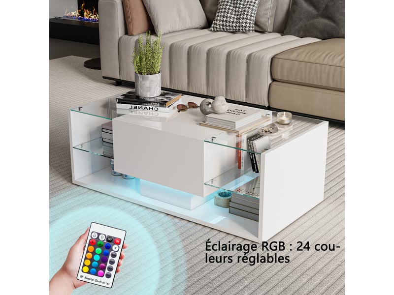  Table basse brillante avec led,table basse salon, table d'appoint, plateau en verre ,moderne,100 x 50 x 35 cm,blanc  - Conforama W