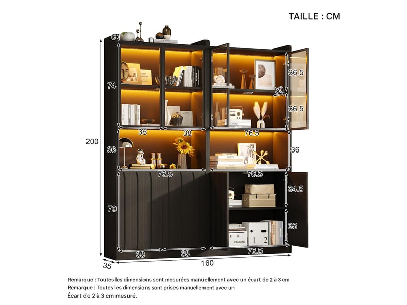  Vitrine 8 portes avec éclairage led panneau de particules noir 160 x 35 x 200 cm  - Conforama C