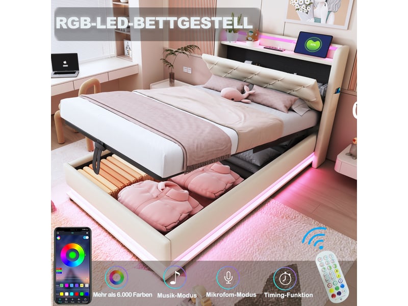 Lit enfant 90x200 cm en tissu beige, led multicolore, usb, tête de lit rabattable et coffre hydraulique - Conforama B