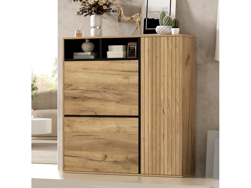  Meuble à chaussures avec 2 abattants, porte latérale, niches ouvertes et étagères réglables pour entrée 90 × 24 × 94 cm  - Conforama C