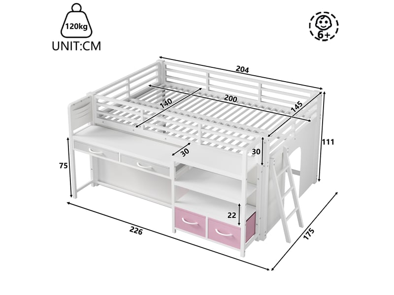 Lit combiné enfant 140x200 cm blanc avec bureau, rangements, rideau et led multicolore, sans matelas - Conforama C